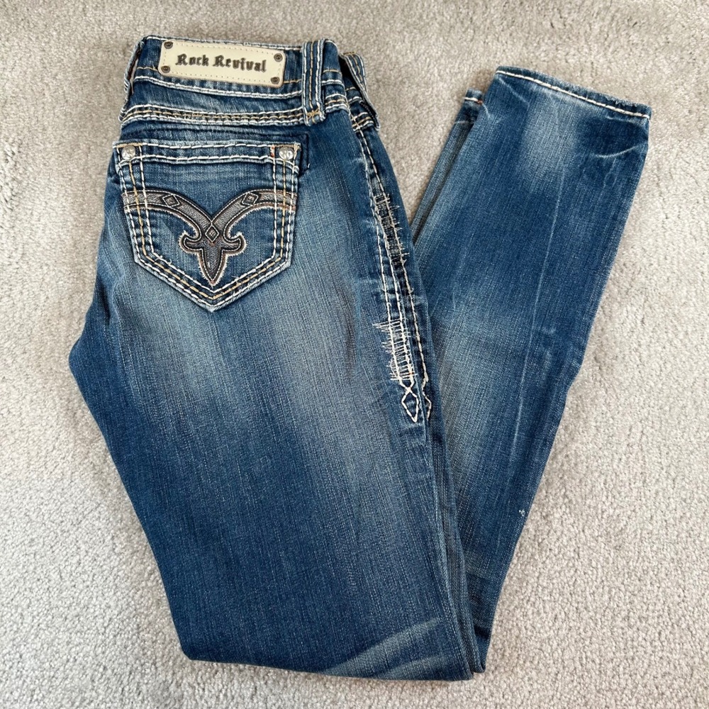 Rock Revival Denisa‎ Skinny Jeans Womens 27 Blue Distressed Low Rise Embroidered